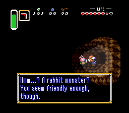 Old man: Hmm...? A rabbit monster? You seem friendly enough, though.