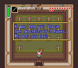 Shopkeeper offerig to let Link open two chests for a fee.