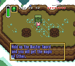 Inscription on a stone slab: Hold up the Master Sword and you will get the magic of Ether