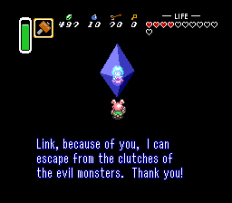 Maiden: Link, because of you, I can escape from the clutches of the evil monsters. Thank you!