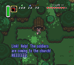 Link, on his journey out of the Lost Woods, receives a telepathic message from Zelda: Link! Help! The soldiers are coming to the church! AIEEEEEE!