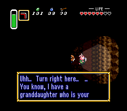 Old Man: Uhh... Turn right here... ... You know, I have a granddaughter who is your