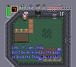Telepathy tile: Link... it's me, Zelda... Don't be deceived by the magic of Blind the Thief! Be careful!