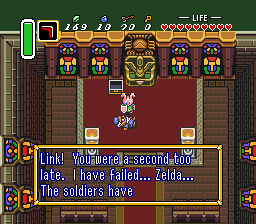 Priest, back at the cathedral: Link! You were a second too late. I have failed... Zelda... The soldiers have