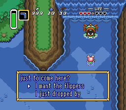Link has option to either say "I want the flippers" or "I just dropped by"