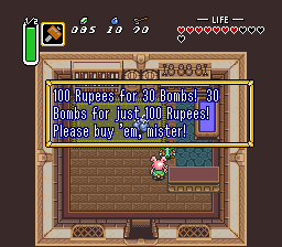 Shop owner: 100 Rupees for 30 Bombs! 30 Bombs for just 100 Rupees! Please buy 'em, mister!