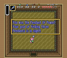 Link holding up pendant. Narration: You won the Pendant of Power! Your goal of finding three Pendants is in sight!