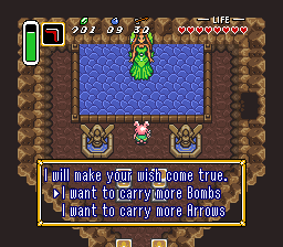 Being asked by a fairy whether to increase bomb or arrow capacity