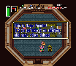 Link at the magic shop, receiving magical powder